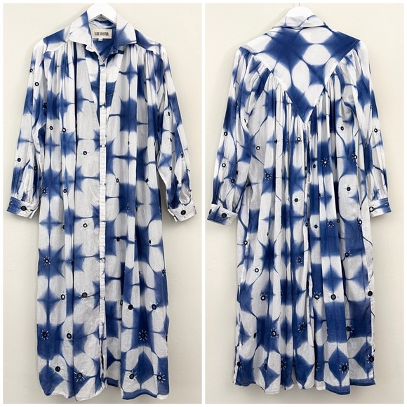 V De Vinster Cramp Tie Dye Dress Indigo/White Button-Down Placket - Picture 4 of 15